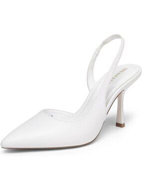 Women's White Slingback Kitten Heels Pointed Toe Pumps Comfortable Dress Shoes